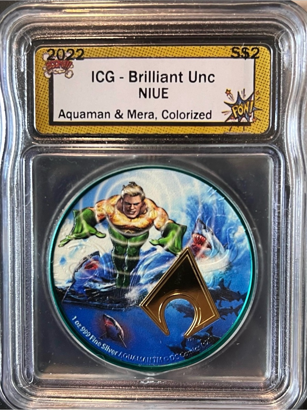 DC Comics Aquaman Mera Shark Bait 1 oz Silver, Colorized Edition, Graded ICG BU